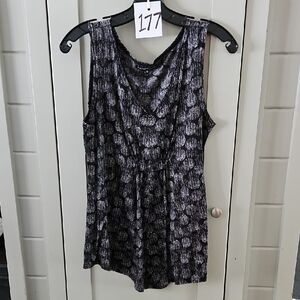 #177 Black and Gray Polka Dot Cinched Waist Sleeveless  Top Sz Large Ptp 20